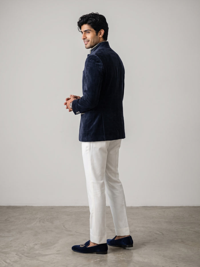 Navy Blue Velvet Peacock Embroidered Jodhpuri Set