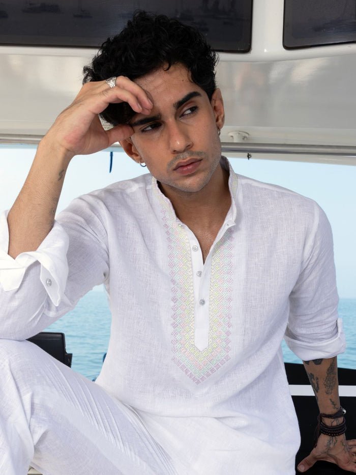 White Embroidered Linen Short Kurta for Men - KORANM