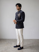 Navy Blue Velvet Peacock Embroidered Jodhpuri Set