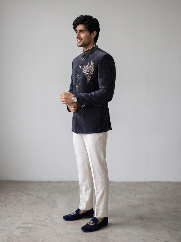Navy Blue Velvet Peacock Embroidered Jodhpuri Set