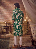 Elegant Dark Green Printed Embroidered Kurta Set