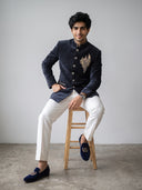 Navy Blue Velvet Peacock Embroidered Jodhpuri Set