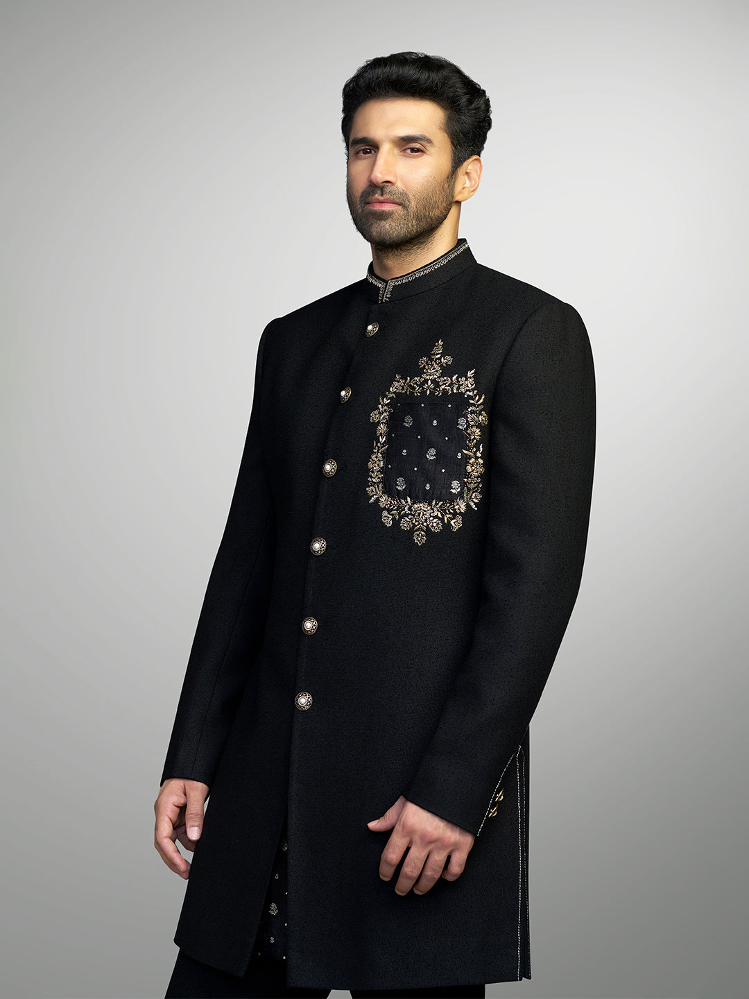 Black Embroidered Matka Silk Sherwani Set – Aditya Roy Kapur Collection
