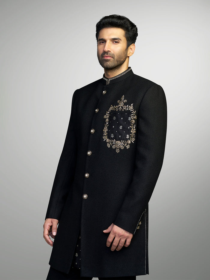 Black Embroidered Matka Silk Sherwani Set – Aditya Roy Kapur Collection