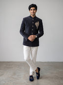 Navy Blue Velvet Peacock Embroidered Jodhpuri Set