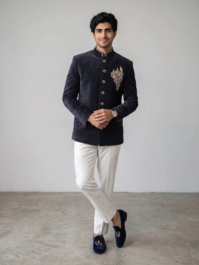 Navy Blue Velvet Peacock Embroidered Jodhpuri Set