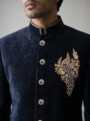 Navy Blue Velvet Peacock Embroidered Jodhpuri Set
