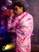 Pink Printed & Mirror Work Kurta Set with Off White palazzo Pant | Men's Festive Wear - KORANM