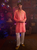 Dark Peach Satin Linen Embroidered Kurta Set with Off White Palazzo Pant | Men's Festive Wear - KORANM
