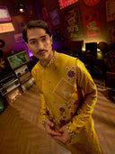Mustard Satin Linen Embroidered Kurta Set with Off White Palazzo Pant | Men's Festive Wear