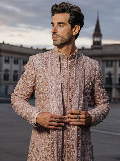 Premium Dusty Mauve Raw Silk Sherwani Set