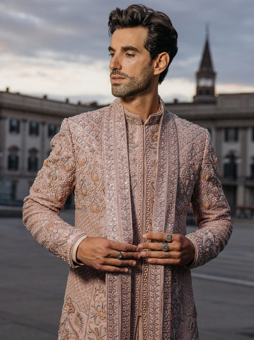 Premium Dusty Mauve Raw Silk Sherwani Set - KORANM