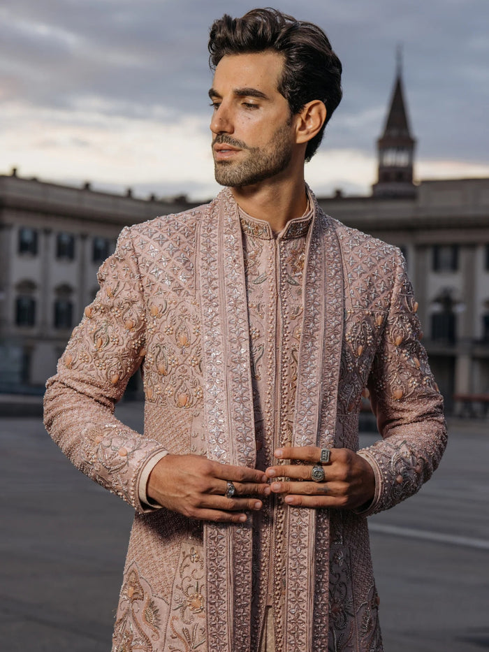 Premium Dusty Mauve Raw Silk Sherwani Set - KORANM