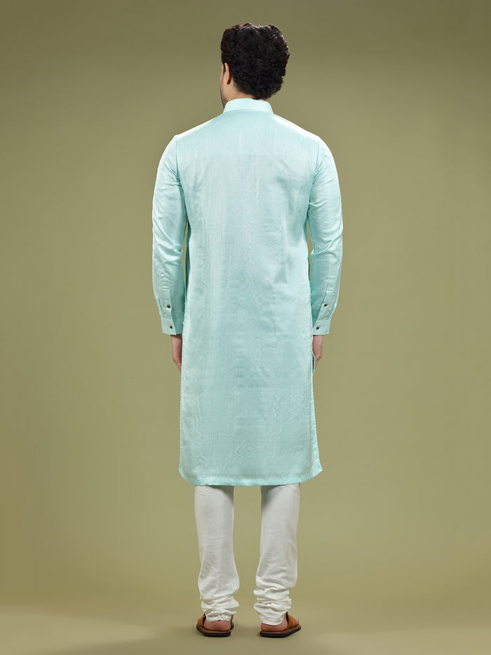 Aqua Pastel Green Blended Silk Kurta Set - KORANM