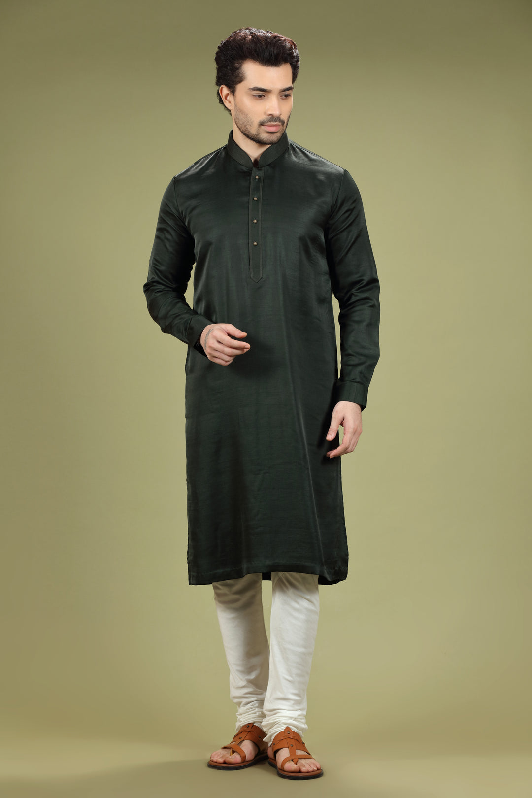 Dark Green Casual Blended Silk Kurta Set