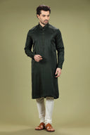 Dark Green Casual Blended Silk Kurta Set