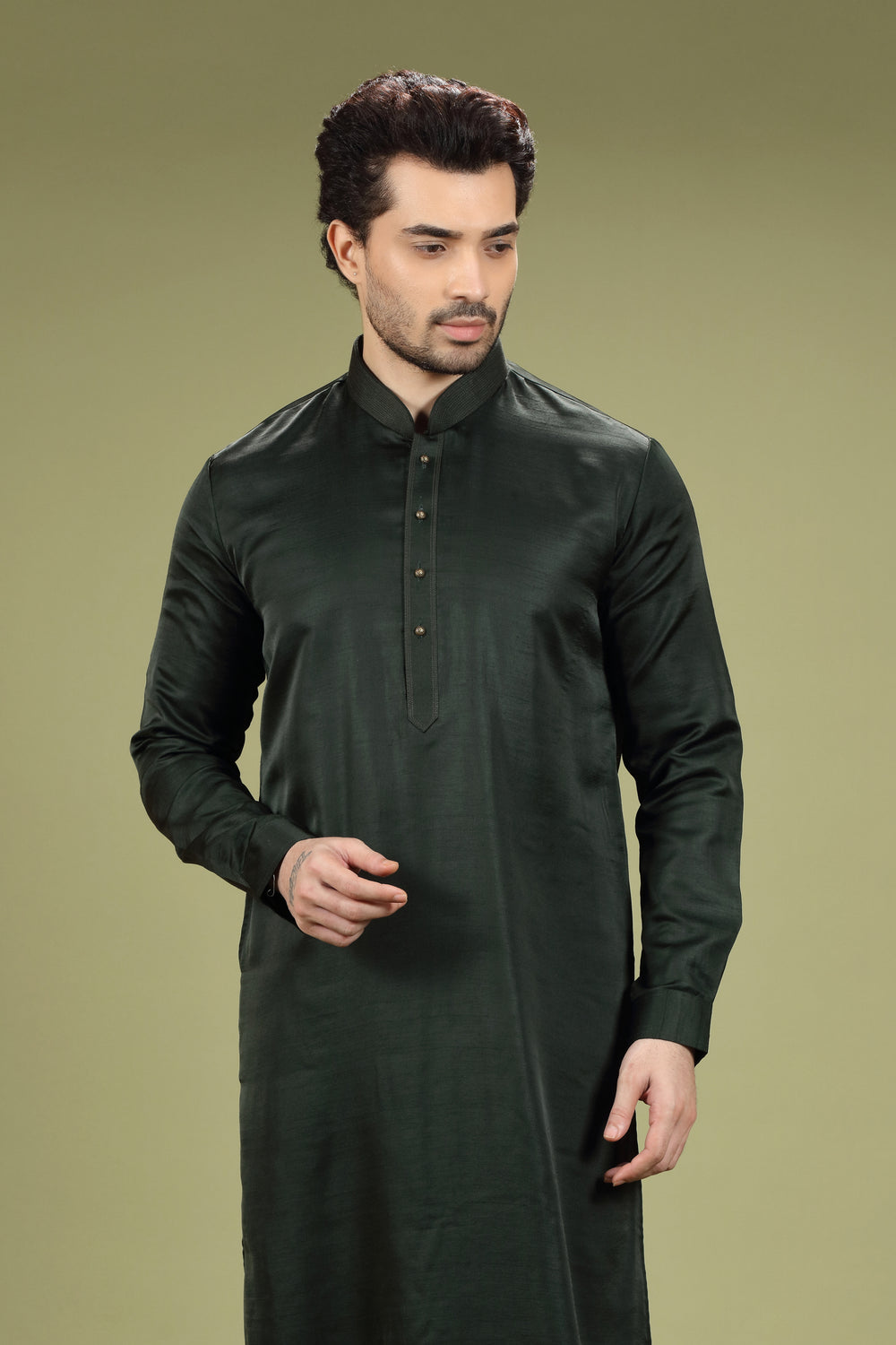 Dark Green Casual Blended Silk Kurta Set - KORANM