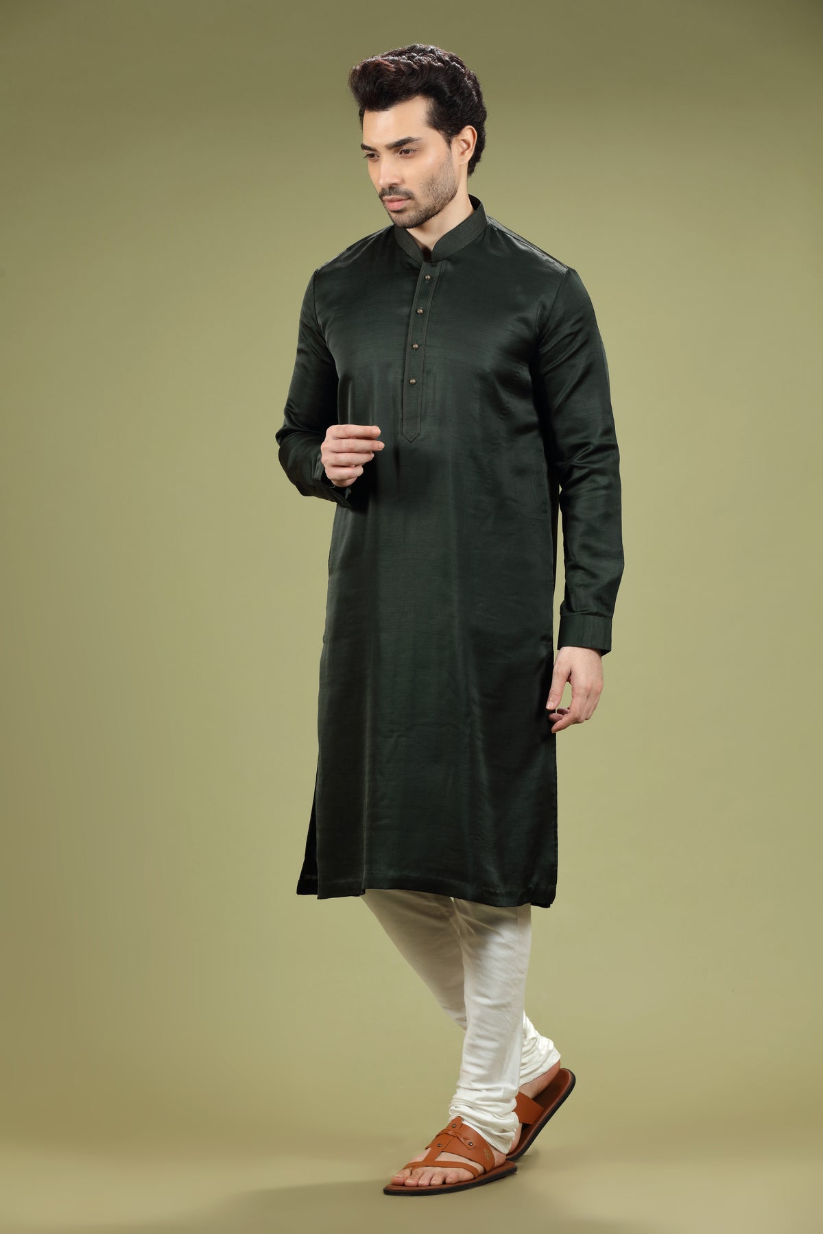 Dark Green Casual Blended Silk Kurta Set - KORANM