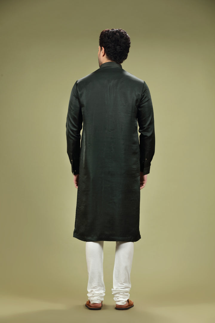 Dark Green Casual Blended Silk Kurta Set - KORANM