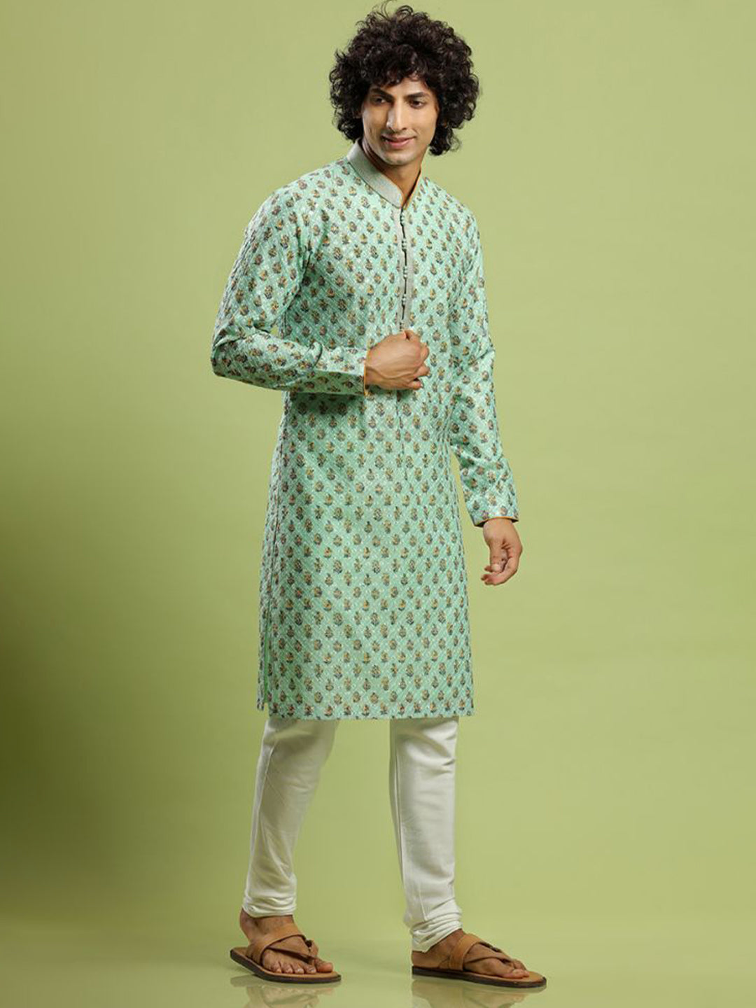 Fresh Pista Green Printed Cotton Kurta Set - KORANM
