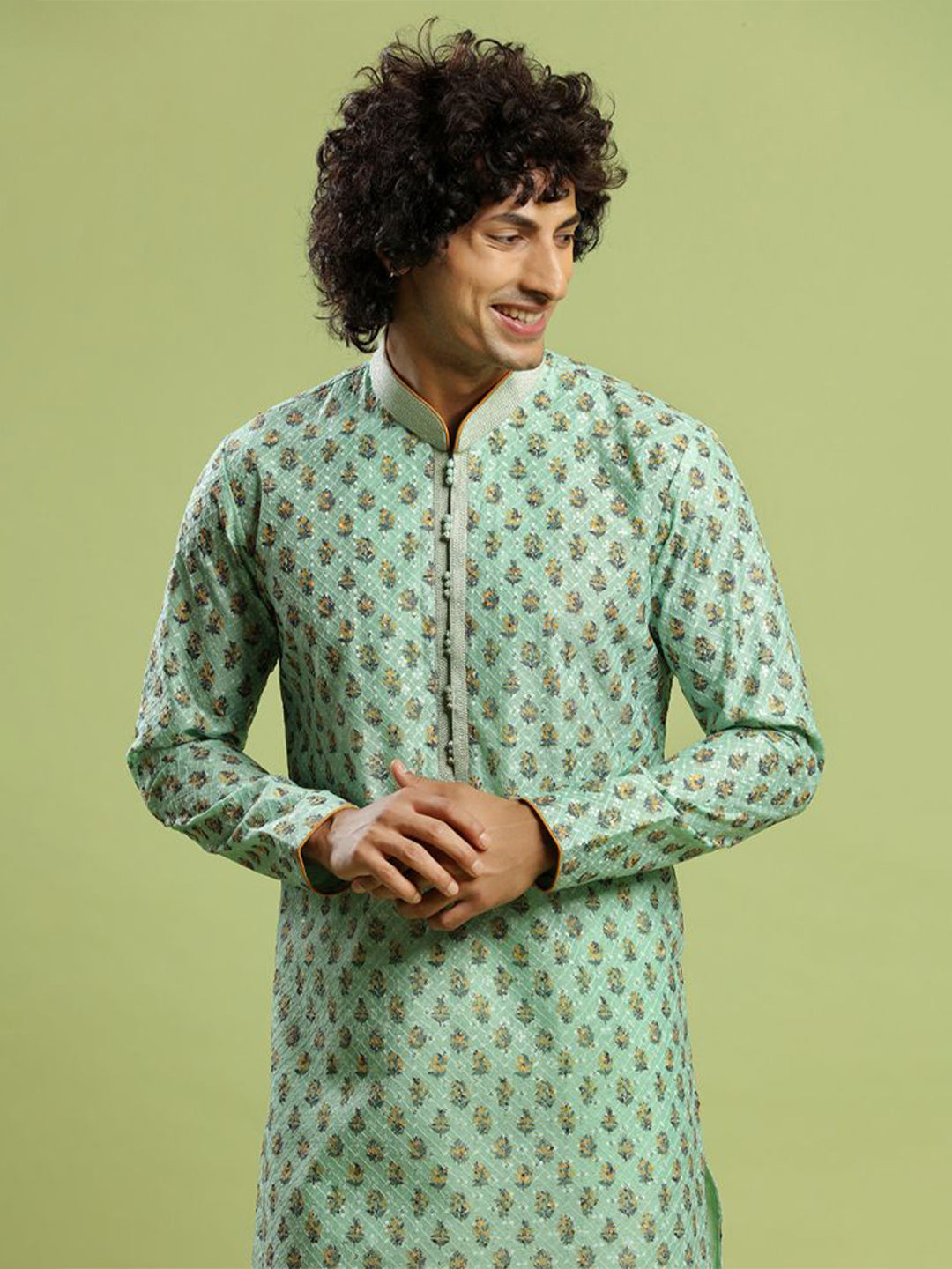 Fresh Pista Green Printed Cotton Kurta Set - KORANM