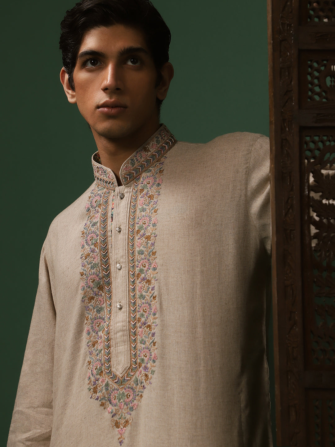 Natural Linen Embroidered Churidar Kurta Set 