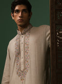 Natural Linen Embroidered Churidar Kurta Set 