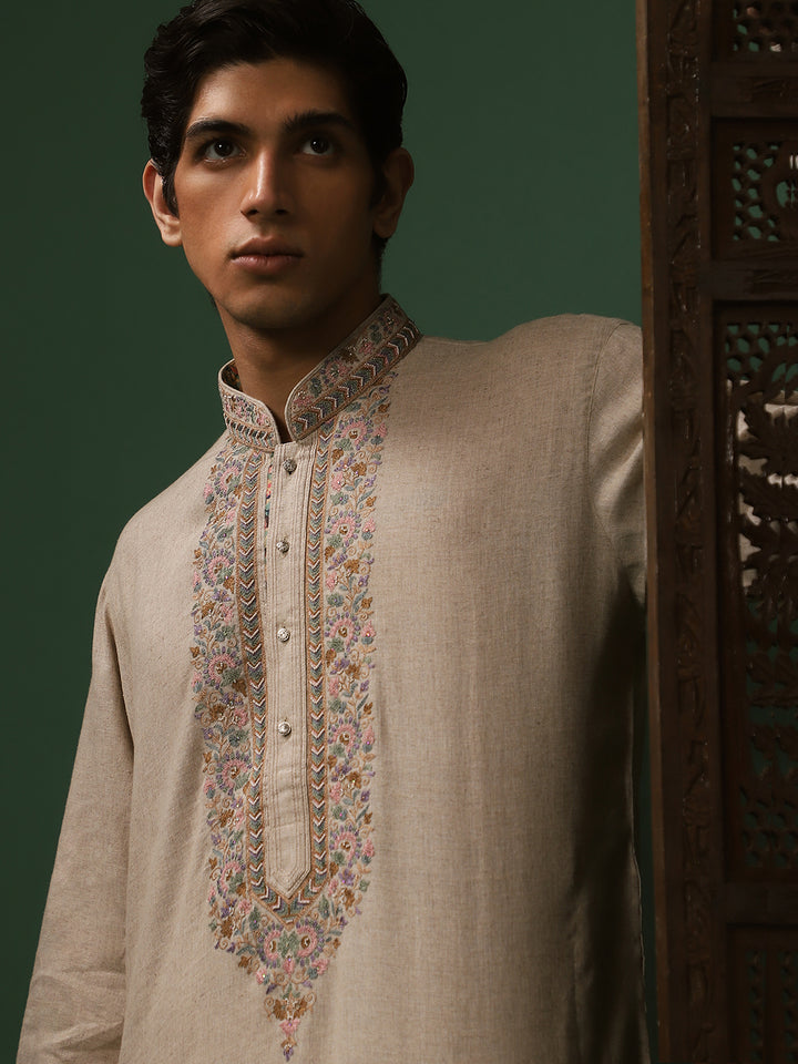 Natural Linen Embroidered Churidar Kurta Set 