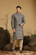 Grey And Black Printed Blended Silk Kurta Set