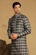 Grey And Black Printed Blended Silk Kurta Set
