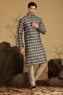 Grey And Black Printed Blended Silk Kurta Set