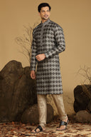 Grey And Black Printed Blended Silk Kurta Set