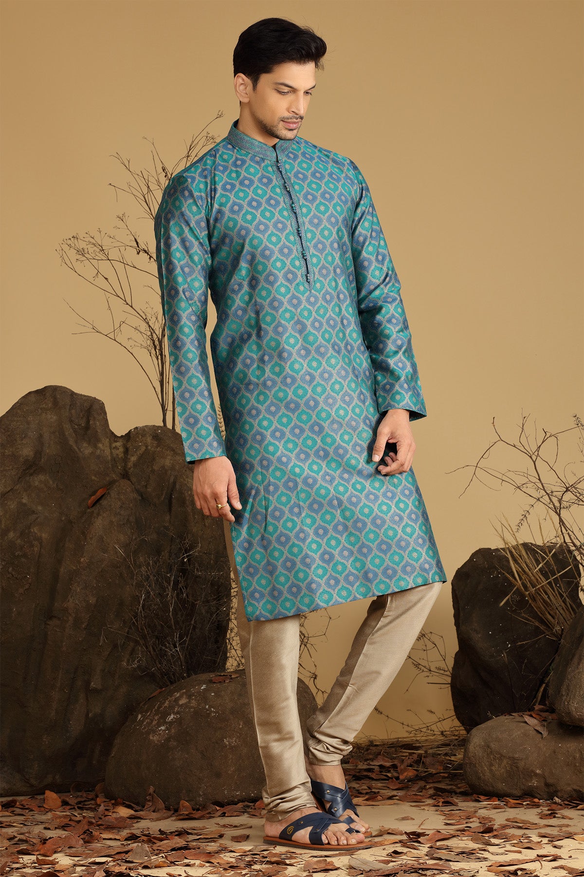 Rama Green Blended Silk Kurta Pajama Set