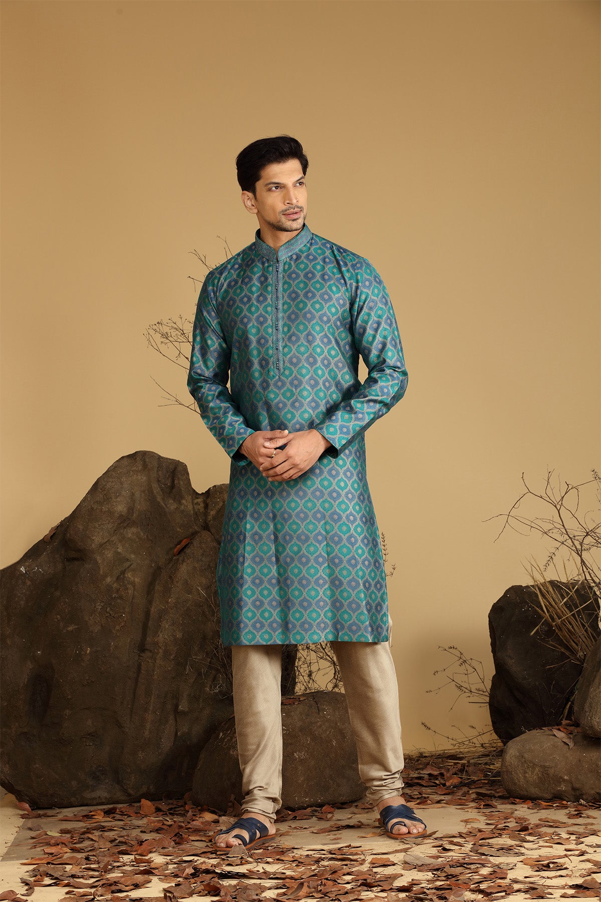 Rama Green Blended Silk Kurta Pajama Set
