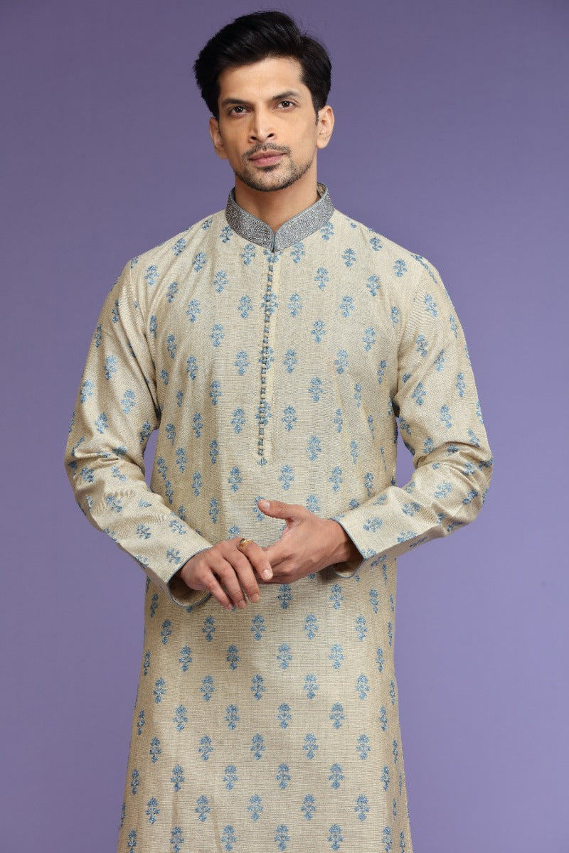 Cream And Natural Festive Kurta Set for Men