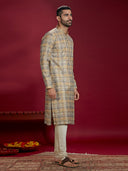 Mustard Jacquard Print Kurta Paired with an Natural Chudidar for Men