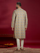 Mustard Jacquard Print Kurta Paired with an Natural Chudidar for Men