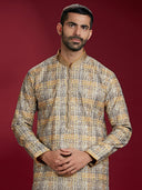 Mustard Jacquard Print Kurta Paired with an Natural Chudidar for Men