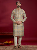 Mustard Jacquard Print Kurta Paired with an Natural Chudidar for Men