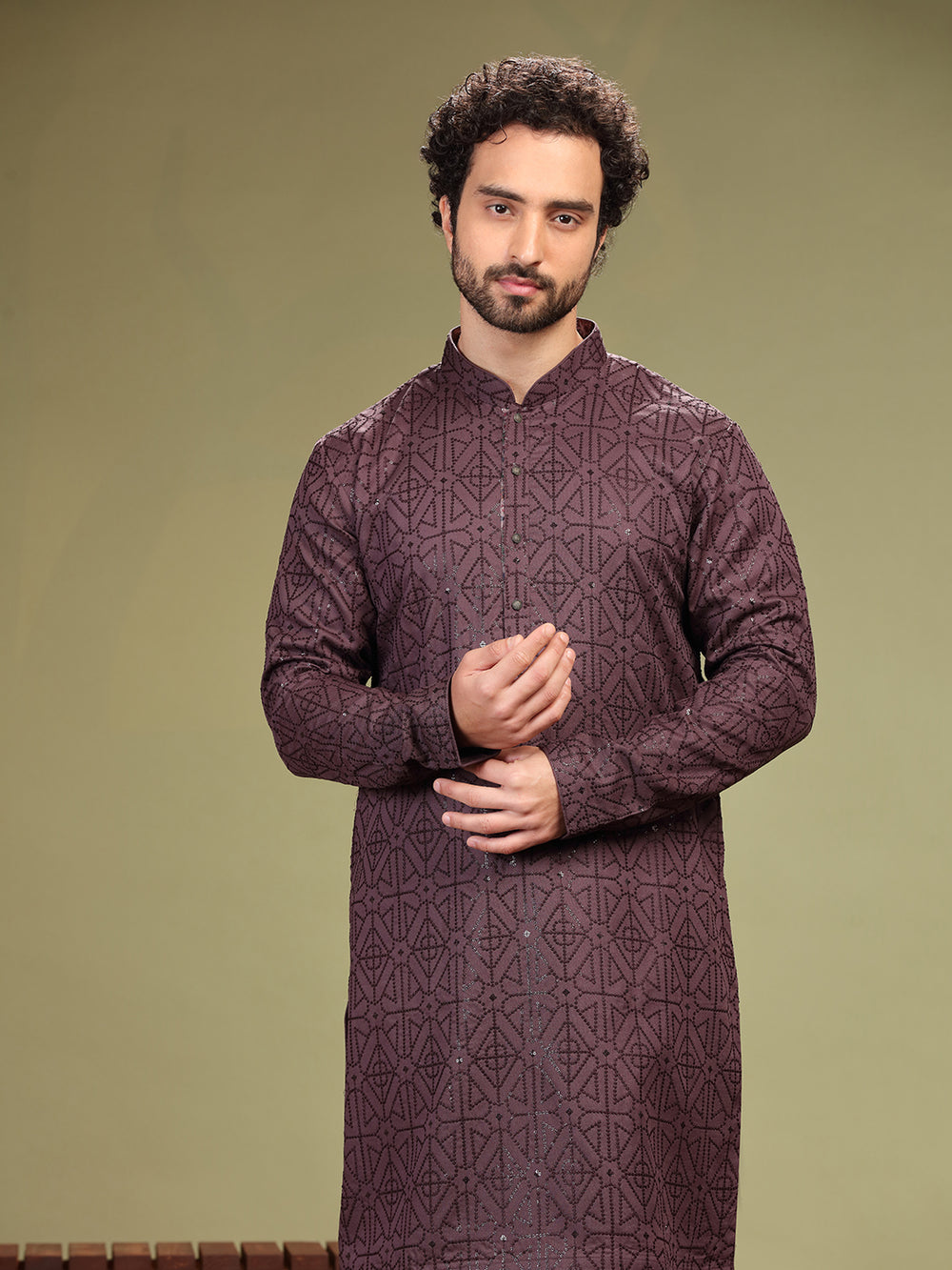 Brown Kurta with sequence work and Aligadi pants. - KORANM