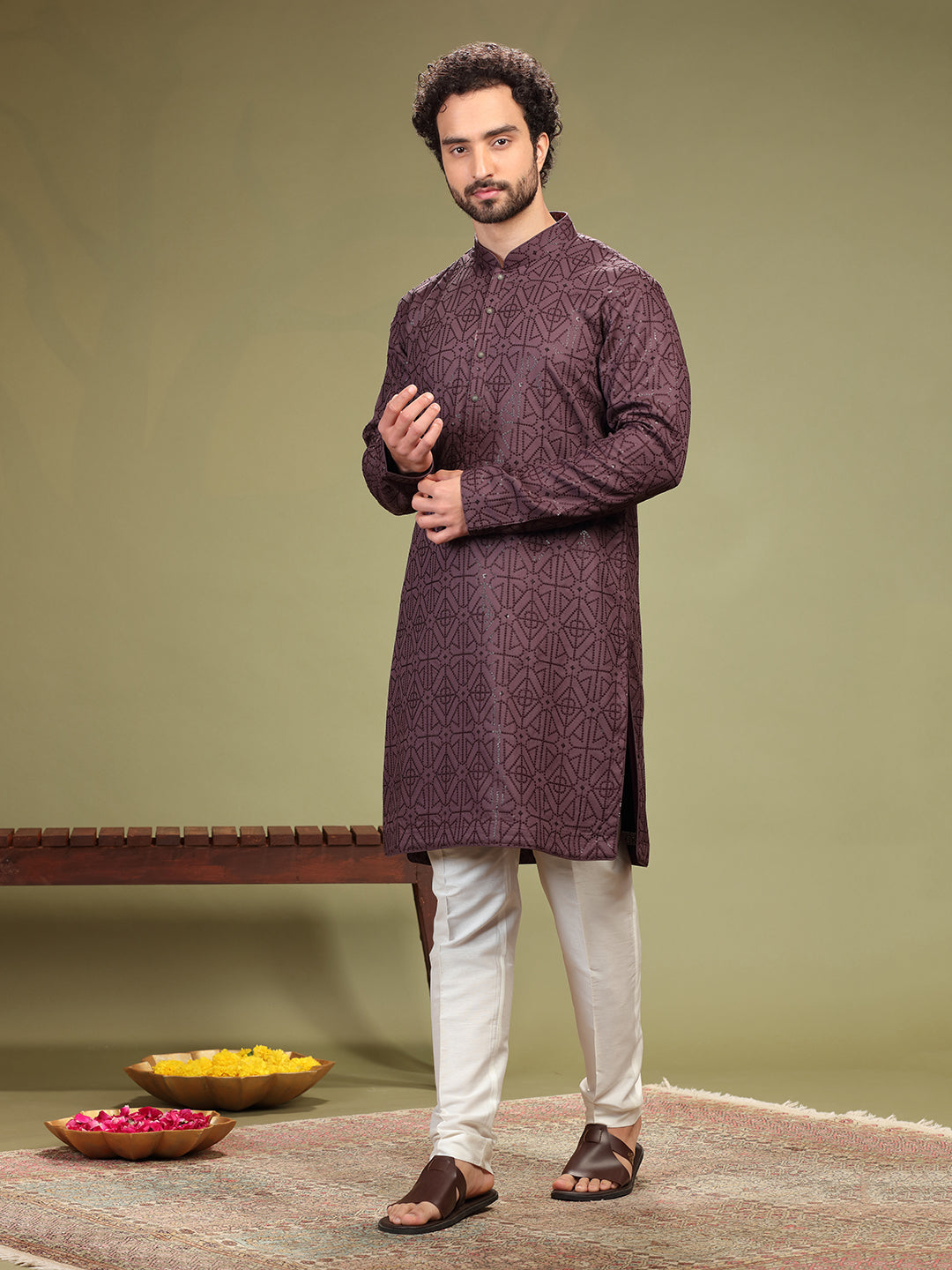 Brown Kurta with sequence work and Aligadi pants. - KORANM