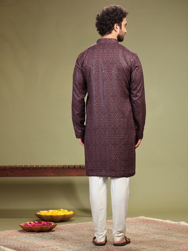 Brown Kurta with sequence work and Aligadi pants. - KORANM