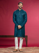 Teal Blue Kurta with sequence work and Aligadi pants.