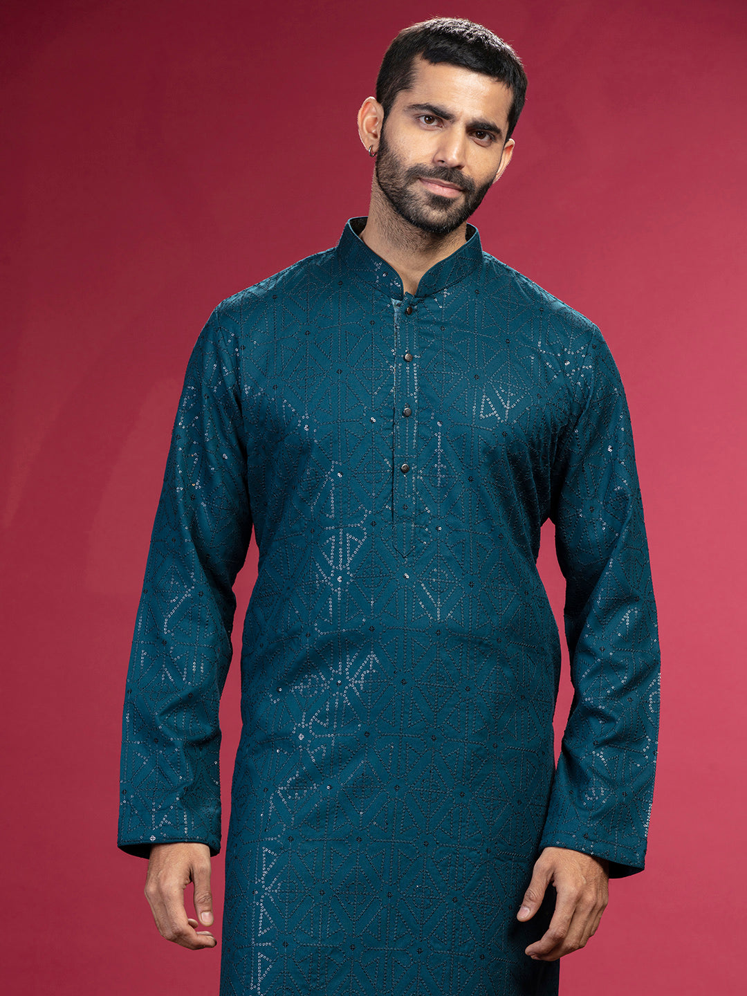 Teal Blue Kurta with sequence work and Aligadi pants. - KORANM