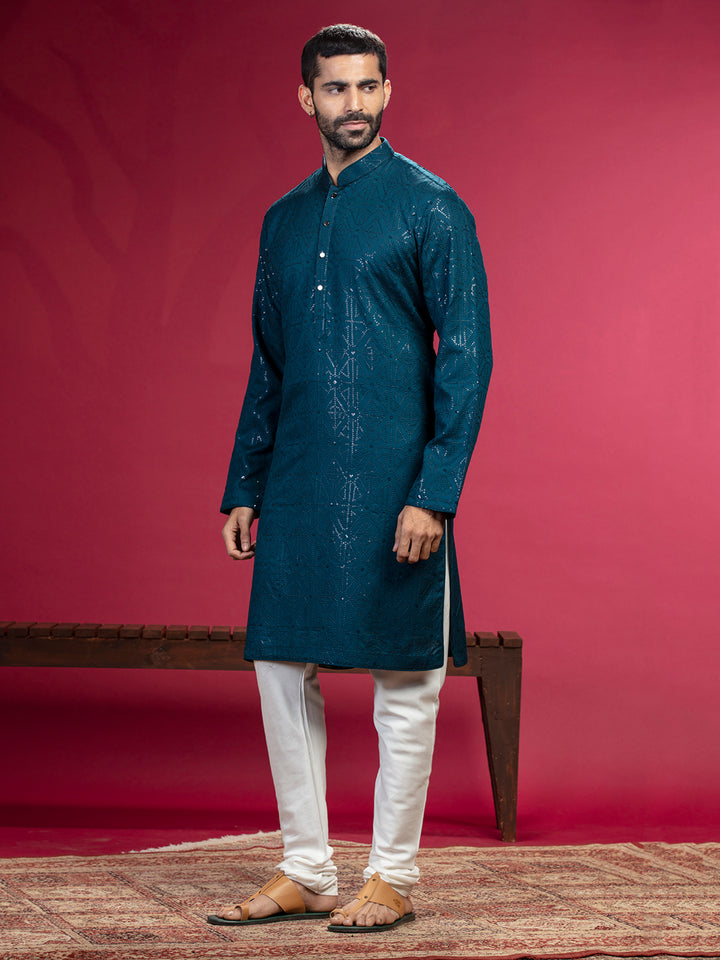 Teal Blue Kurta with sequence work and Aligadi pants. - KORANM