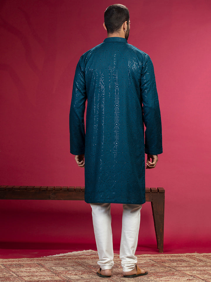 Teal Blue Kurta with sequence work and Aligadi pants. - KORANM