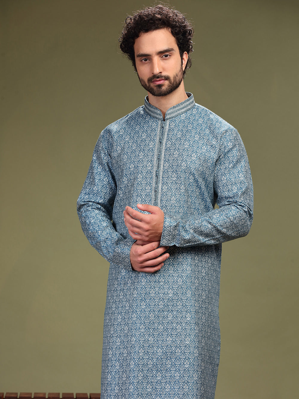 Blue Kurta with Jacquard's fabric and Chudidar. - KORANM