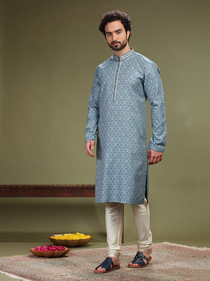 Blue Kurta with Jacquard's fabric and Chudidar. - KORANM
