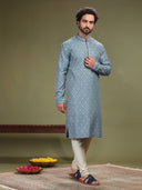 Blue Kurta with Jacquard's fabric and Chudidar. - KORANM