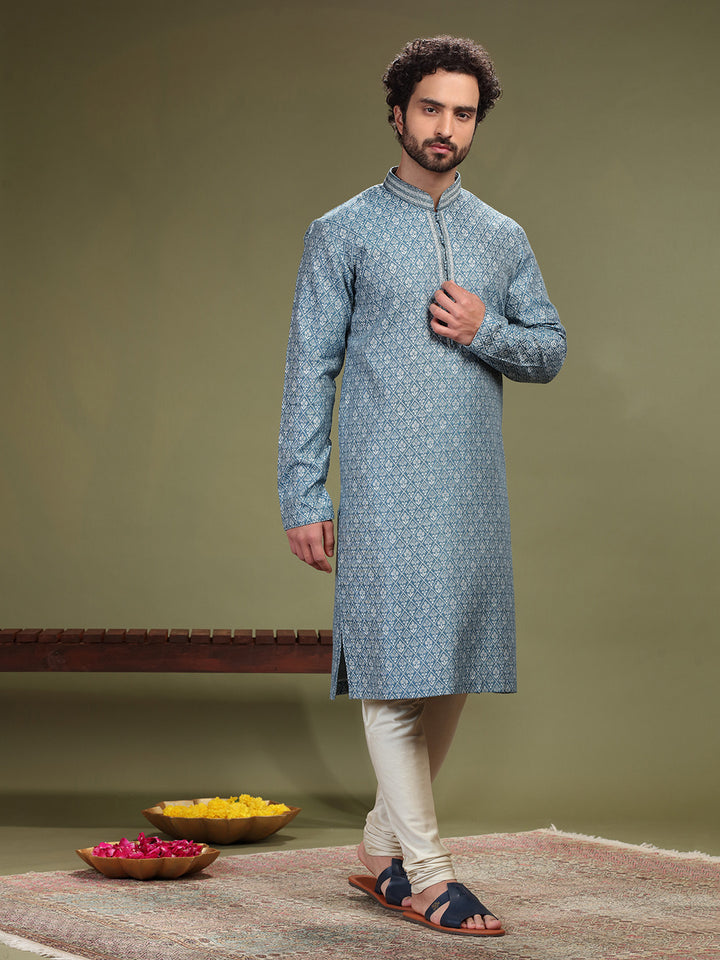 Blue Kurta with Jacquard's fabric and Chudidar. - KORANM